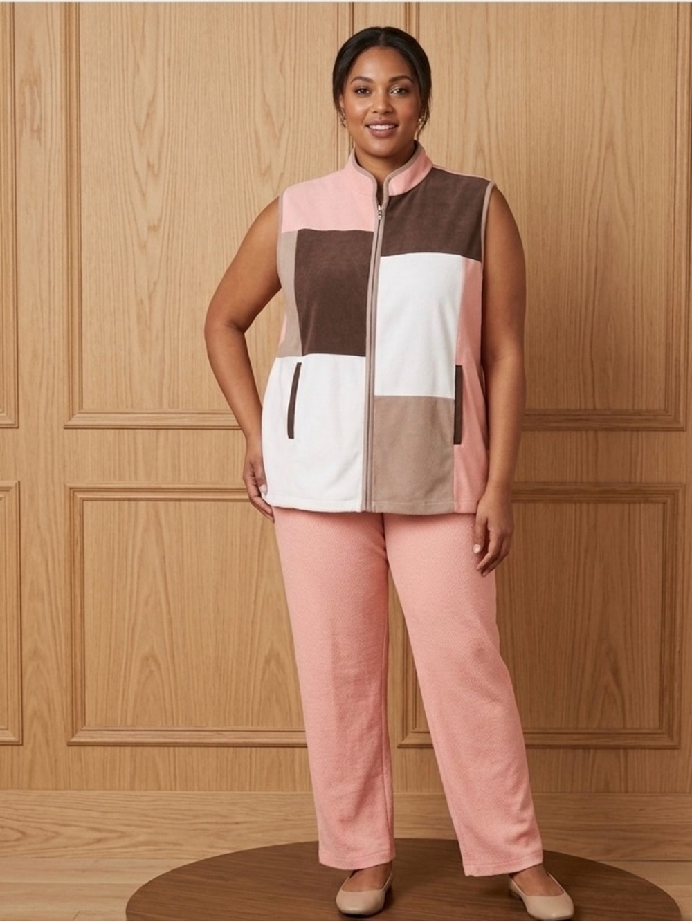 Allison Daley Colorblock Sleeveless Vest Top & Pant Set  Pink, Brown,  White XL